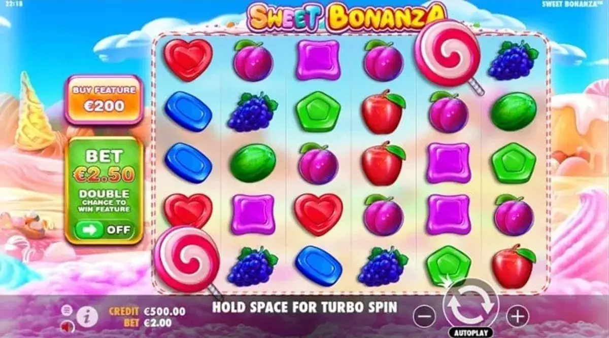 Tablero real de Sweet Bonanza con símbolos de frutas, dulces y paletas scatter